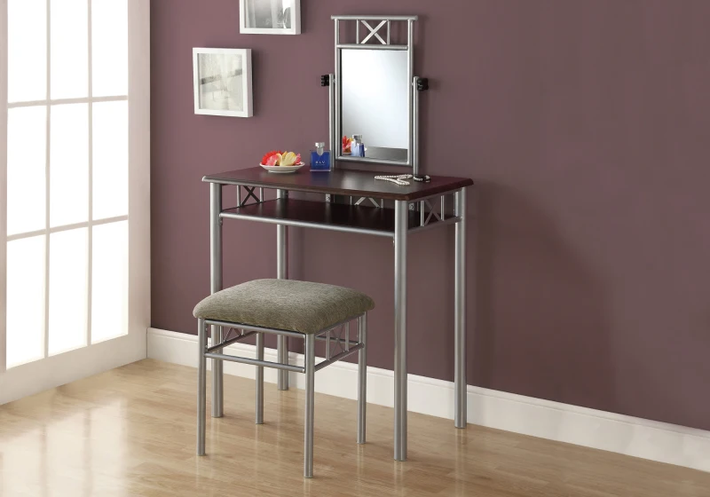 Monarch 2-Piece Modern Wood Grain-Look Top Grey Metal Frame Vanity Makeup Table Set with Padded Bench Seat and Mirror - Cappuccino Brown Finish