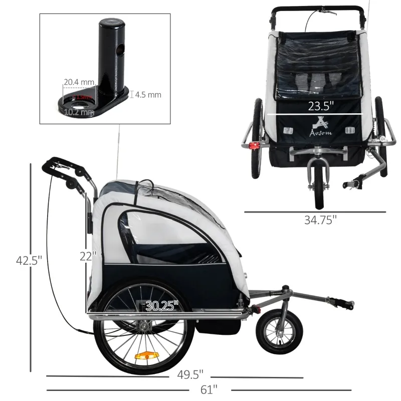 Aosom Elite Double Baby Bike Trailer Stroller Child Bicycle Jogger Swivel Wheel - Black and White