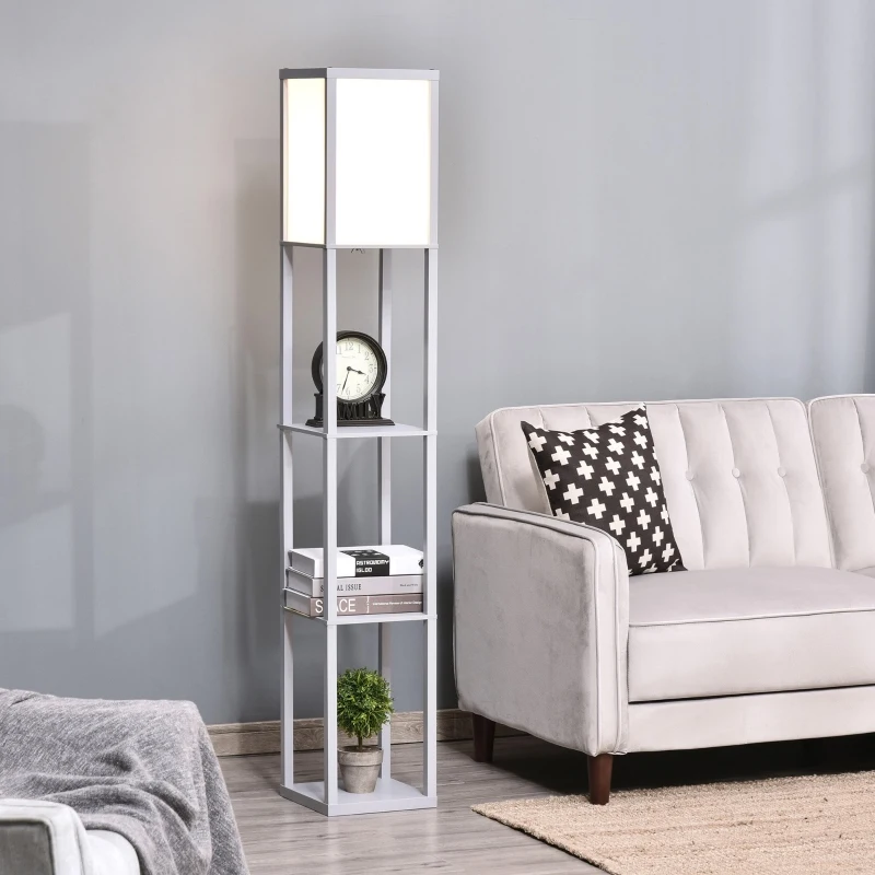 HOMCOM 3-Tier Floor Lamp, Standing Reading Light with Storage Shelves for Living Room, Bedroom, or Dining Room, Grey