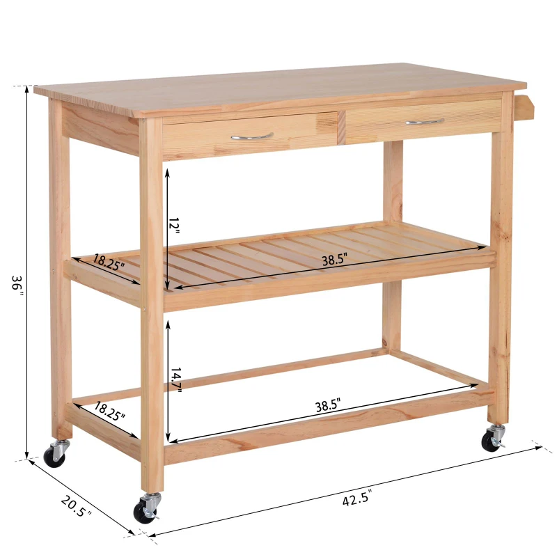 HomCom Kitchen Rolling Island Cart Trolley Cart Storage Rack Shelves w/ 2 Drawers - Pine Wood