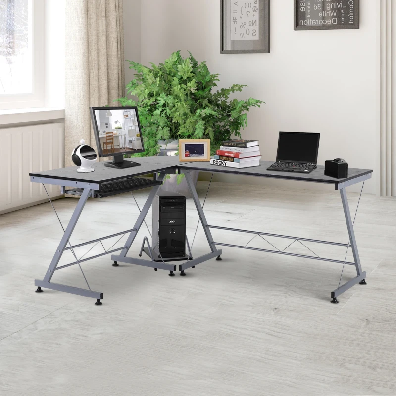 HOMCOM 67” Wood Steel Metal L Shaped Corner Computer Desk - Black