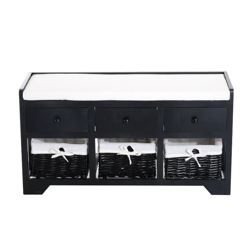 HomCom 39” Rustic Wooden 3 Drawer 3 Basket Storage Bench With Padded Seat  - Black/Beige