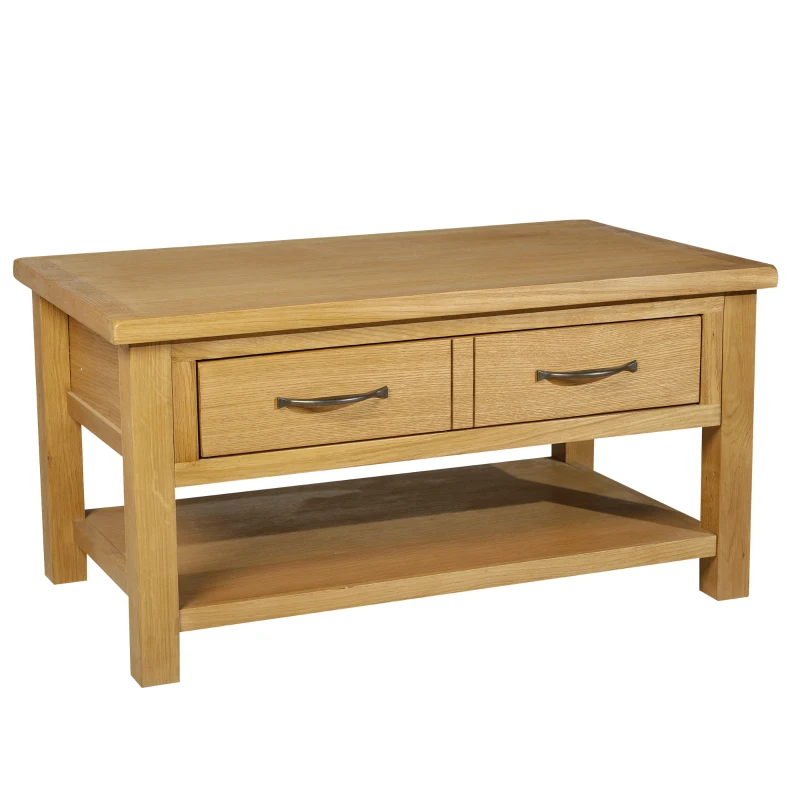 HomCom Solid Oak Frame Rectangle Coffee Table with Drawer and Lower Storage Shelf