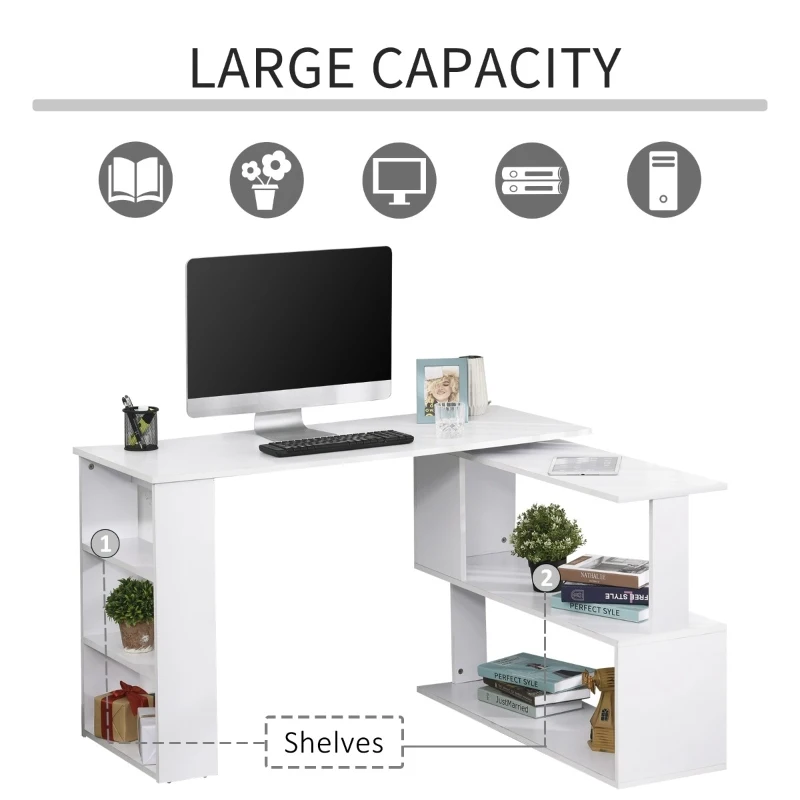 HomCom 360° Rotating Home Office Corner Desk and Storage Shelf Combo L-Shaped Table Workstation - White