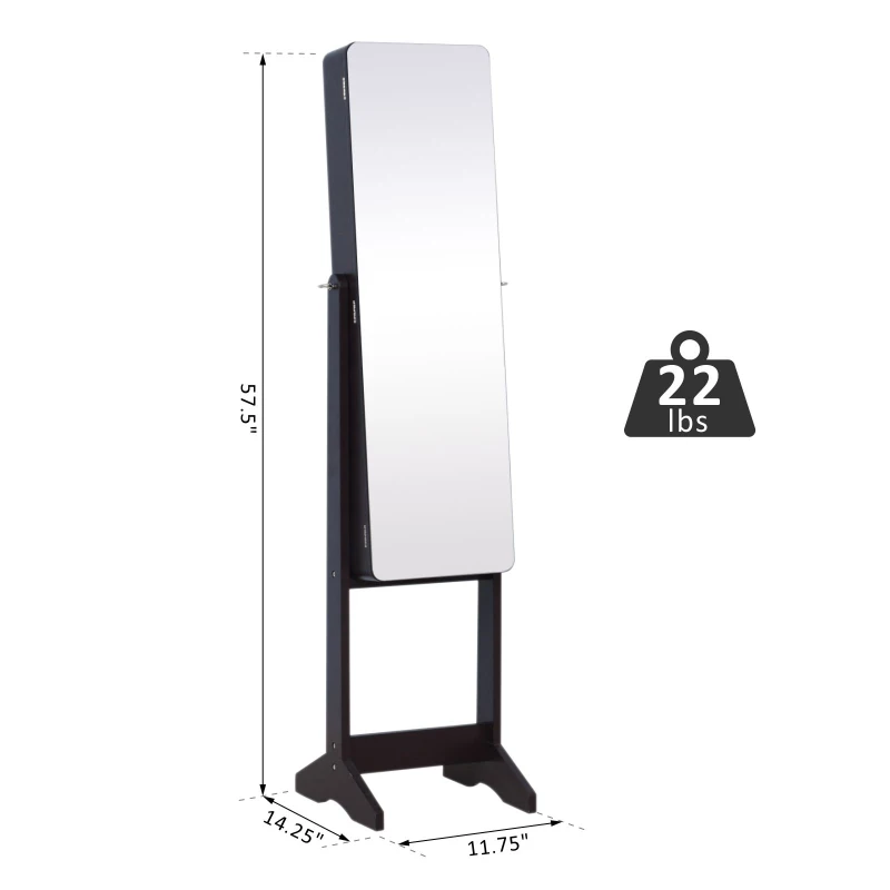 HOMCOM 58” Freestanding LED Jewelry Storage Cabinet Armoire with Full-Length Mirror Dark Coffee