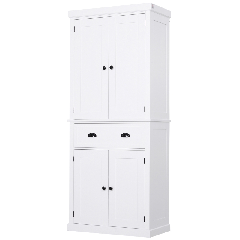 HOMCOM 72" H Traditional Colonial Freestanding Wood Kitchen Pantry with 1 Center Drawer and 2 Cabinets - White