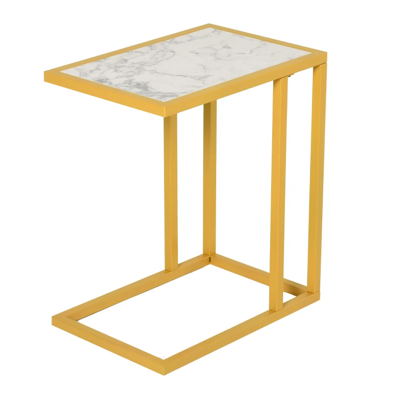 HomCom Modern Console C-Shape Side Table with Marble-Looking Tabletop, a Unique Modern Design, & Practicality - White