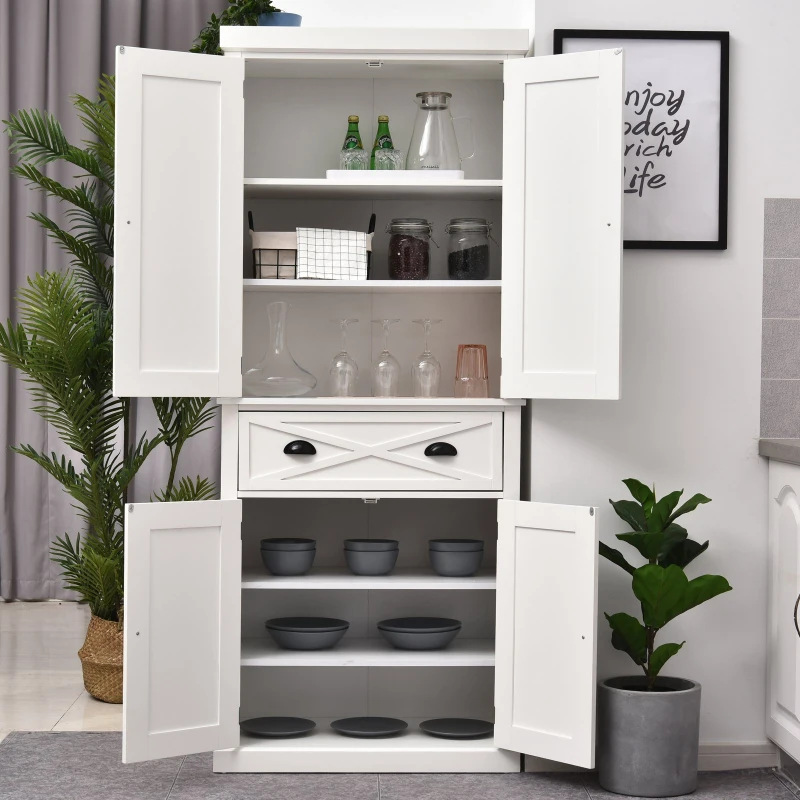 HOMCOM 5ft Tall Wood Kitchen Storage Cabinet with Adjustable Shelves, 2 Wood Pantries, Drawer and Sturdy Design - White