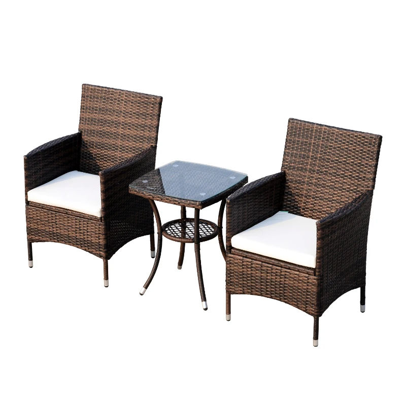 Outsunny 3 Piece 3 Piece Rattan Outdoor Cushioned Bistro Table and Chairs Set - Brown