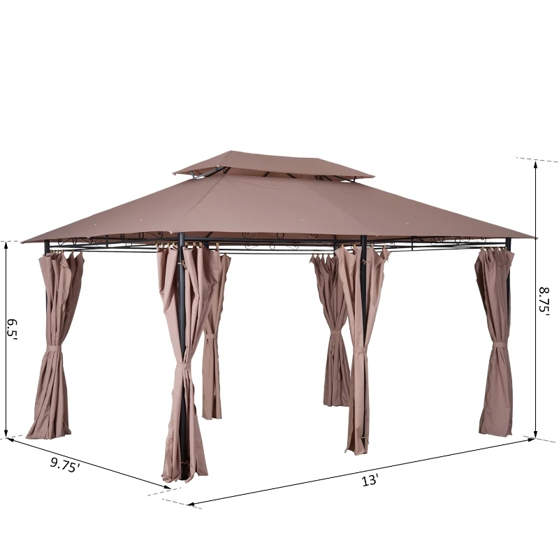 Outsunny 10" x 13" 2-Tier Steel Outdoor Garden BBQ Sunshade Gazebo with Vented Soft Top and Removable Curtains