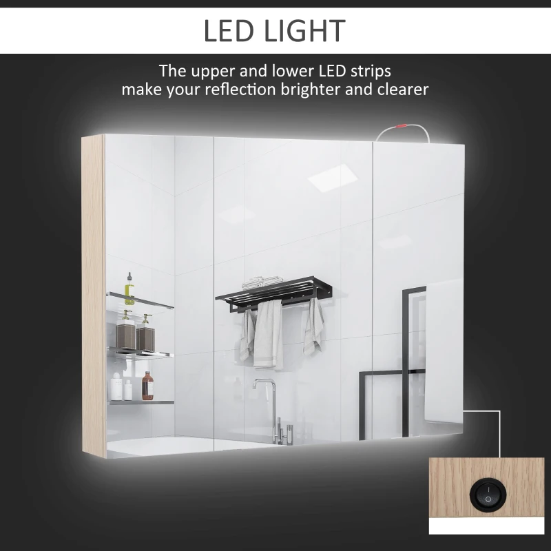 Kleankin 36" x 24" Triple Door LED Bathroom Mirror Medicine Cabinet - White Oak