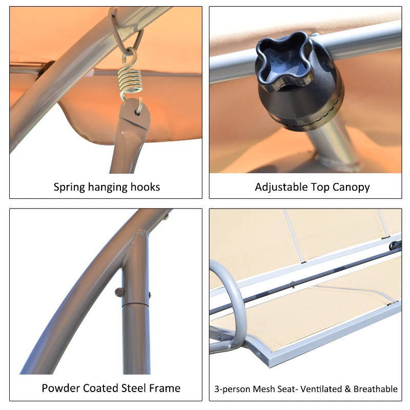 Outsunny Covered Outdoor Patio Swing Bench with Frame, Sand