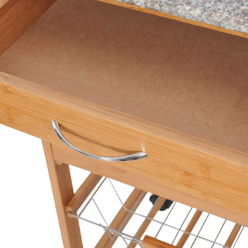 HomCom 31” Wooden Kitchen Island Rolling Storage Cart With Granite Top and Wine Rack