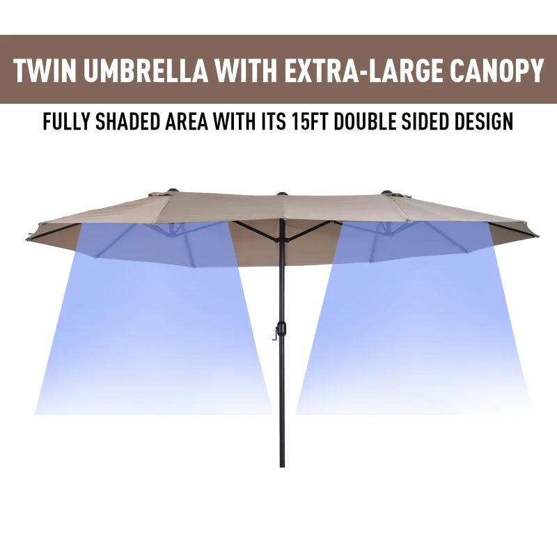 Outsunny 15' Double Sided Market Patio Umbrella, Steel Outdoor Shade Canopy for Garden and Poolside, Tan