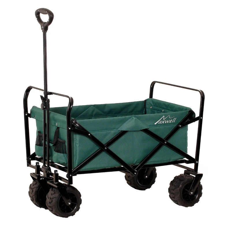 Aosom Utility Folding Wagon Big Wheels Collapsible Outdoor Garden Cart with Steel Structure for Shopping, Fishing, Camping, Beach - Green