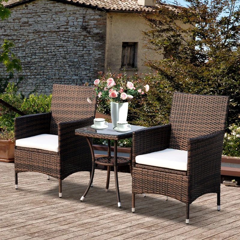 Outsunny 3 Piece 3 Piece Rattan Outdoor Cushioned Bistro Table and Chairs Set - Brown