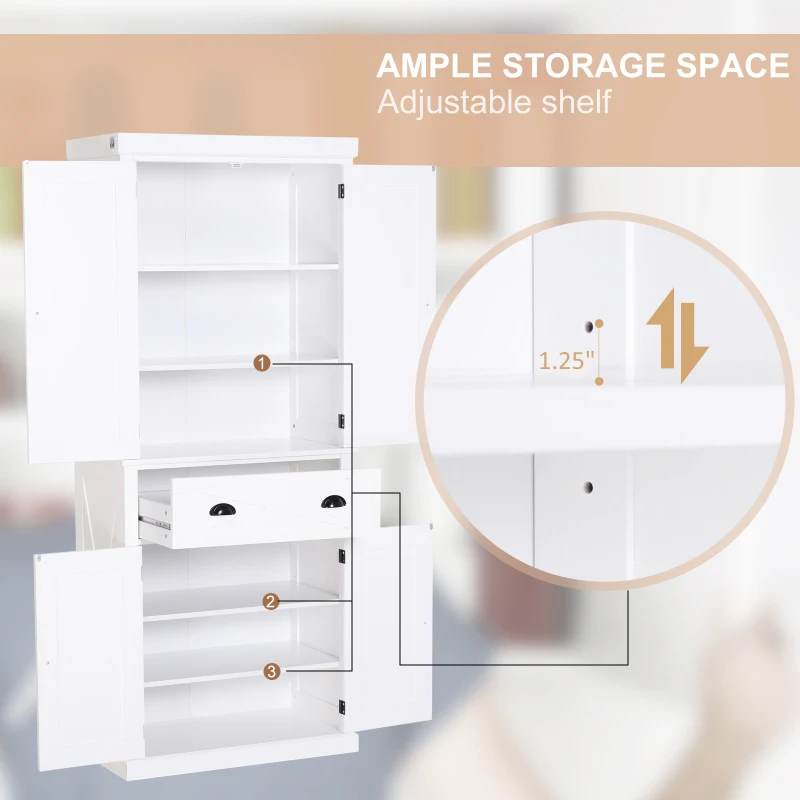 HOMCOM 5ft Tall Wood Kitchen Storage Cabinet with Adjustable Shelves, 2 Wood Pantries, Drawer and Sturdy Design - White