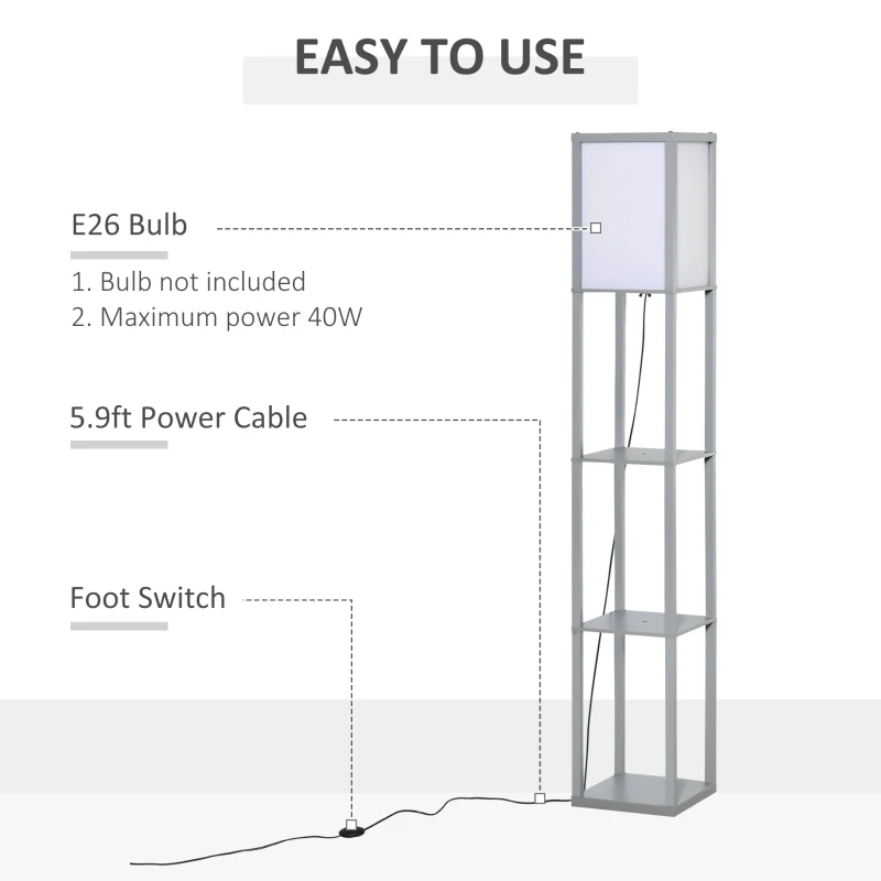 HOMCOM 3-Tier Floor Lamp, Standing Reading Light with Storage Shelves for Living Room, Bedroom, or Dining Room, Grey