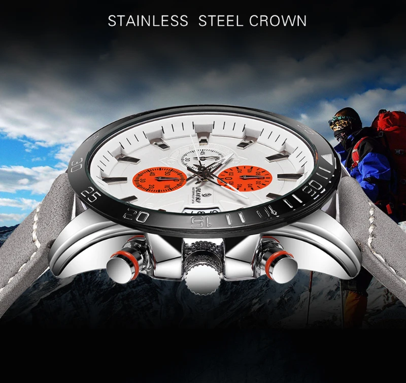 Senors Orange Dial Men's Chronograph Watch Grey Genuine Leather Strap Quartz Watch Auto Date Sports Mens Watches Internet Celebrity
