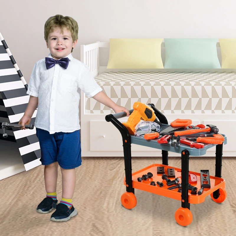 HOMCOM 32pc Kids Tool Set Pretend Play Construction with Rolling Cart Orange/Grey