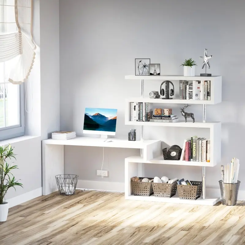 HomCom Rotating Home Office Corner Desk and Storage Shelf Combo - Wood Grain White