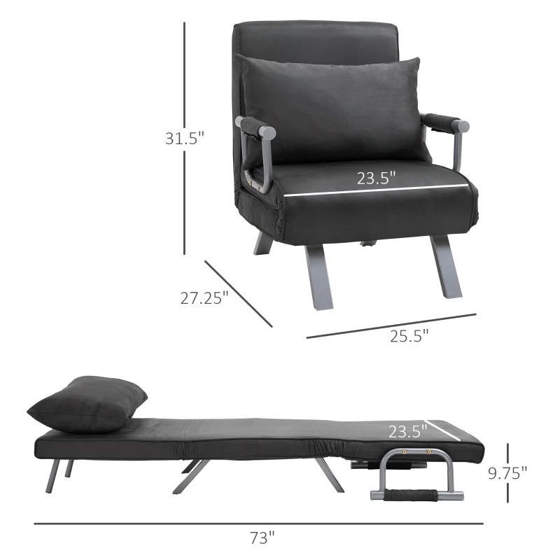 HomCom Single Size Convertible Sleeper Bed Lounger Chair PU Suede Microfiber Slip Cover - Gray