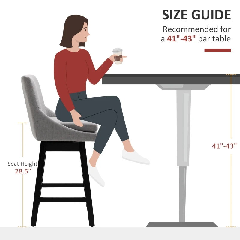 HOMCOM 28.5" Set of 2 Swivel Bar Height Bar Stools, Armless Upholstered Barstools Chairs with Soft Padding Cushion and Wood Legs, Light Gray