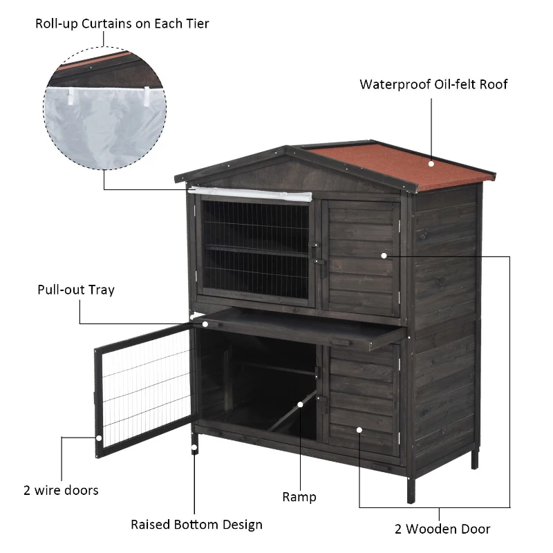 PawHut 47" 2-Story Raised Stacked Wooden Outdoor Rabbit Hutch Small Animal Cage with Pull-Out Trays