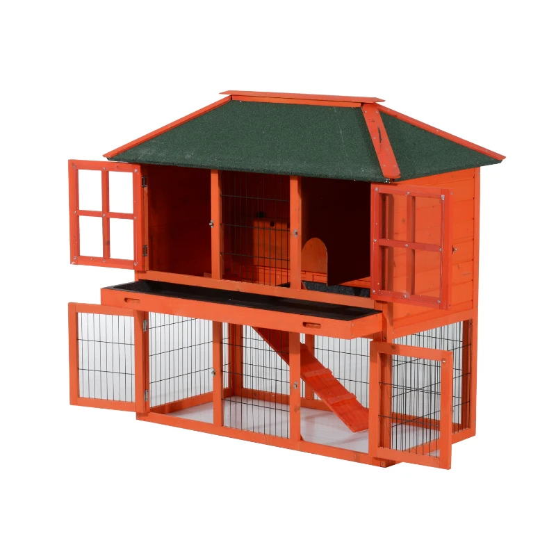 Pawhut Wooden Rabbit House / Wood Bunny Hutch w/ Lower Outdoor Run