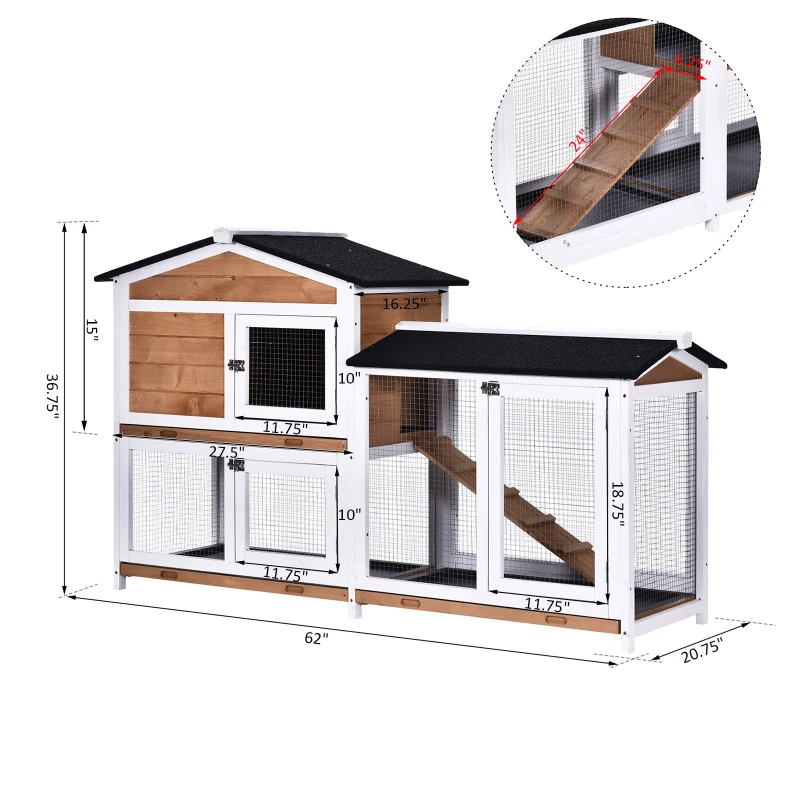 PawHut Wooden 2-Tier Rabbit Hutch with Outdoor Run and Ramp, Spacious Backyard Bunny Cage, Small Animal House