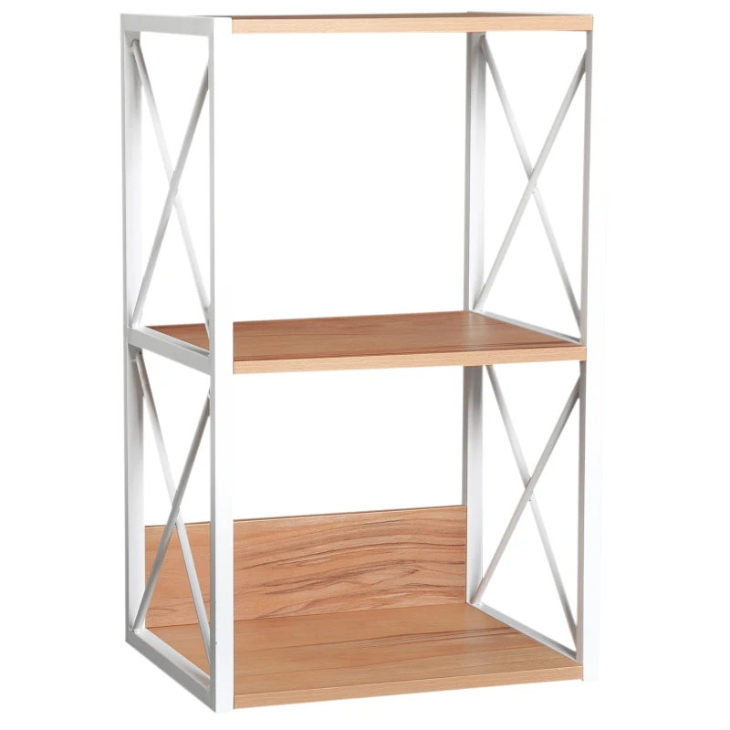 HomCom 3 Tier Wood X-Frame End Table - Light Beech / White