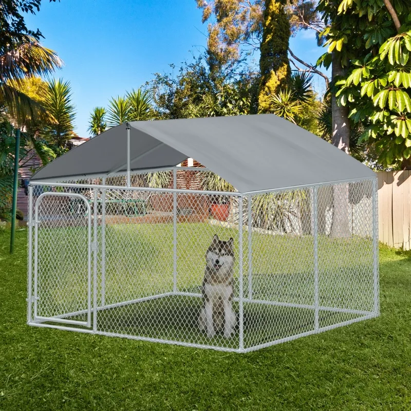 PawHut Large Outdoor Dog Kennel Galvanized Steel Chain Link Fence with Oxford Cloth Roof and Lock - Silver