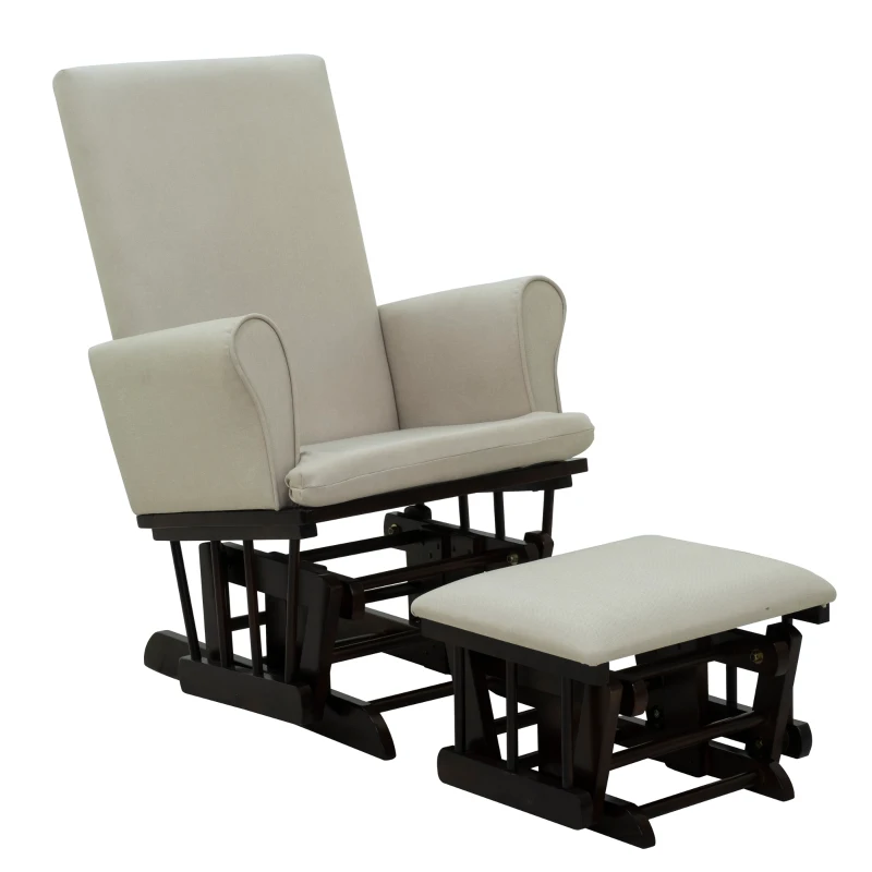 HomCom 2 Piece Rubberwood Linen Glider Rocking Chair with Ottoman Set - Cream White