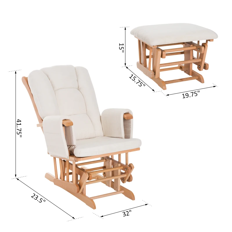 HomCom 2 Piece Ultra-Plush Reclining Rocking Chair with Gliding Ottoman Set - White / Natural Wood