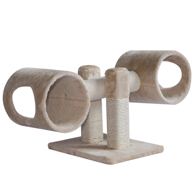 PawHut Cat Tree Tunnel Scratching Post Activity Furniture Teeter Totter - Beige