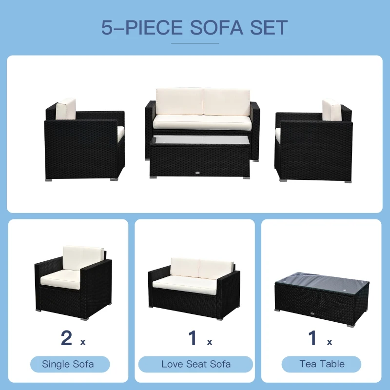 Outsunny 4-Piece Cushioned Patio Rattan Wicker Furniture Set with 2 Chairs, Sectional and Glass Coffee Table - Black