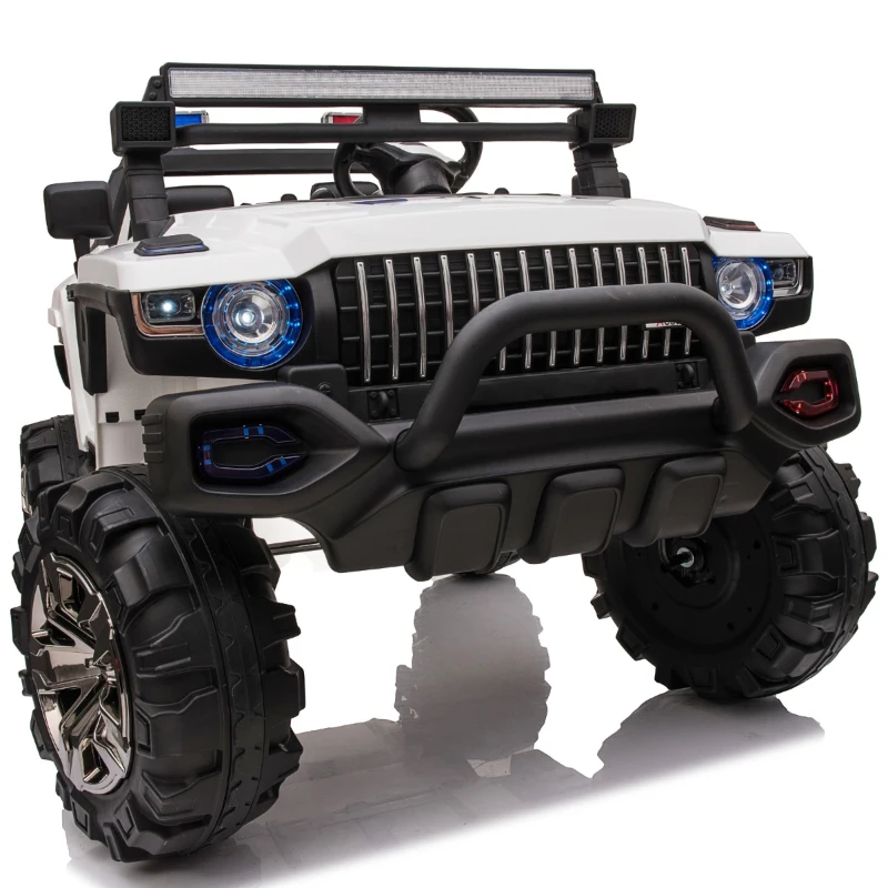 Aosom 12V Ride On Car 2- Seat Police Truck w/ Remote Control & 3 Speeds & LED Light Bar and Audio Input - White