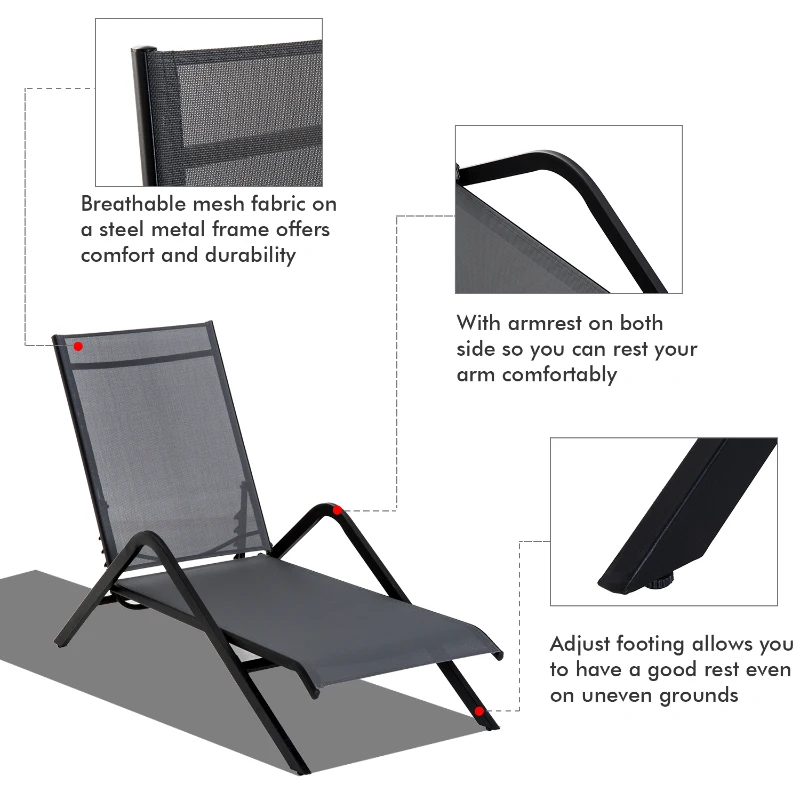 Outsunny Steel Mesh Adjustable Portable Folding Outdoor Chaise Lounge Chair - Grey