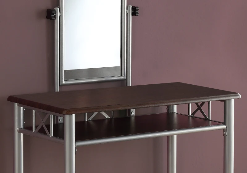 Monarch 2-Piece Modern Wood Grain-Look Top Grey Metal Frame Vanity Makeup Table Set with Padded Bench Seat and Mirror - Cappuccino Brown Finish