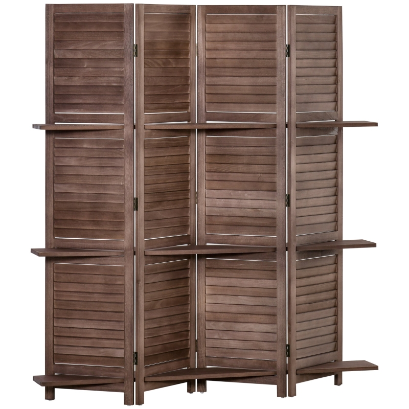 HOMCOM 4 Panel Folding Room Divider, 5.5ft Freestanding Paulownia Wood Wall Divider Panel with Storage Shelves for Bedroom or Office, Walnut Wood