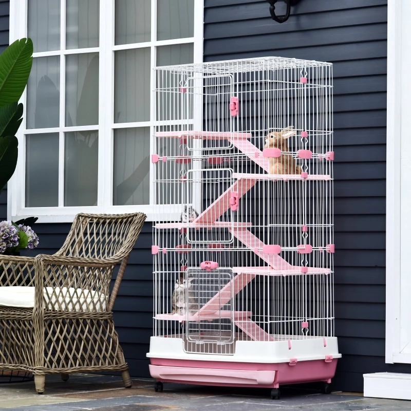 PawHut 6-level Indoor Rabbit Enclosure Small Animal Hutch Pink