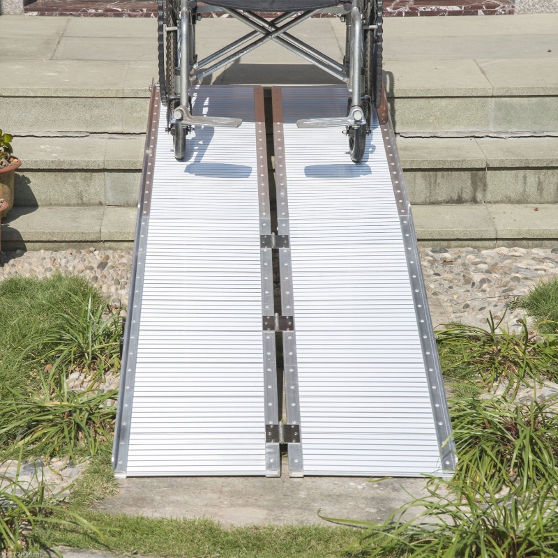 HomCom 10' Portable Tri-Fold Lightweight Aluminum Stair Doorway Entry Disability Ramp - Silver