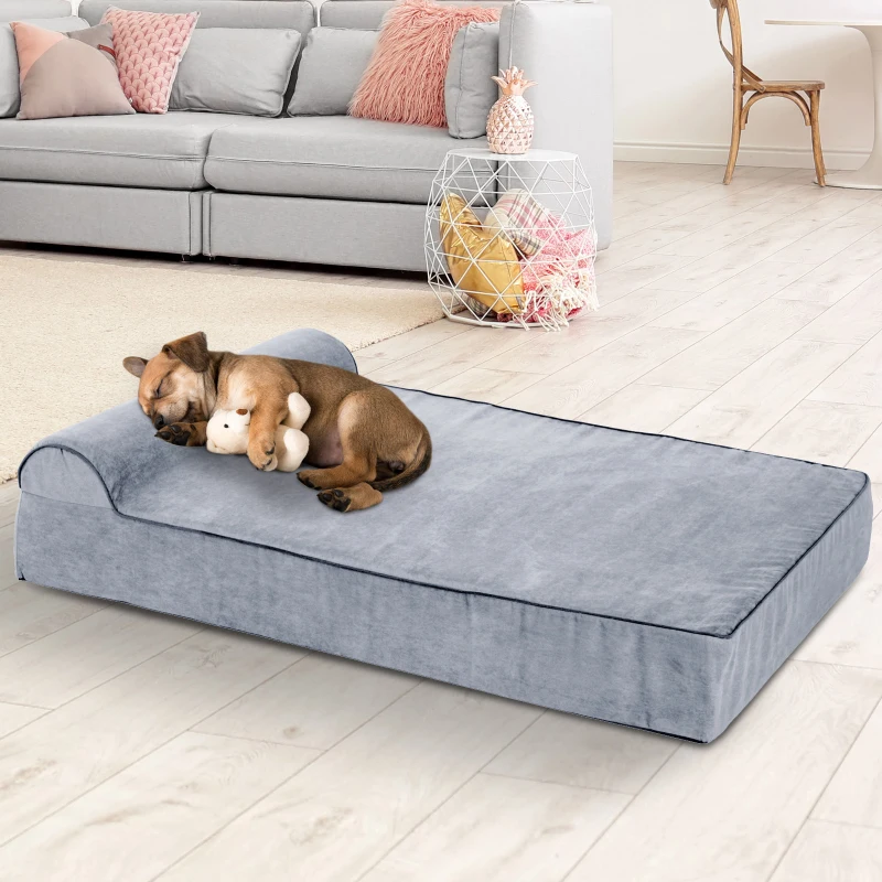 PawHut 48" x 30" Suede Padded Orthopedic Memory Foam Bolster Pet Dog Bed - Grey with Navy Blue Liner