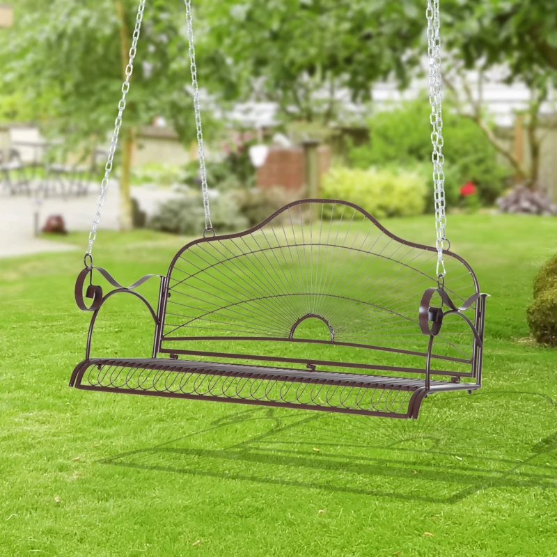 Outsunny Steel 2 Person Patio Porch Relaxation Swing Hanging Chair Bench w/ Chain - Brown