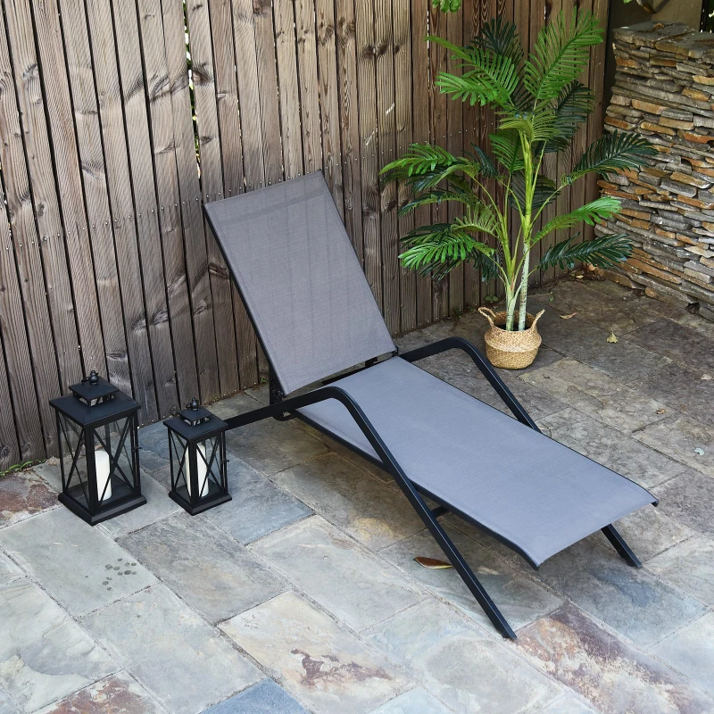 Outsunny Steel Mesh Adjustable Portable Folding Outdoor Chaise Lounge Chair - Grey