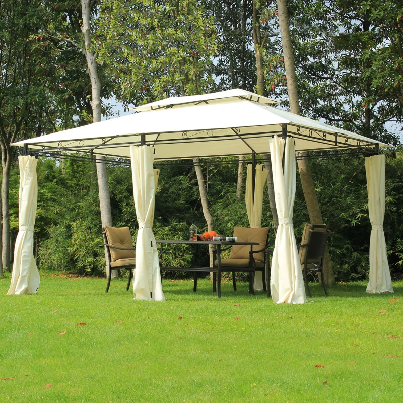 Outsunny 13" x 10" Outdoor Patio Gazebo 2-Tier Roof Pavilion Canopy Tent Steel with Curtains - Cream