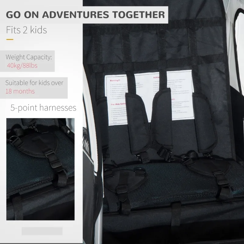 Aosom Elite Double Baby Bike Trailer Stroller Child Bicycle Jogger Swivel Wheel - Black and White