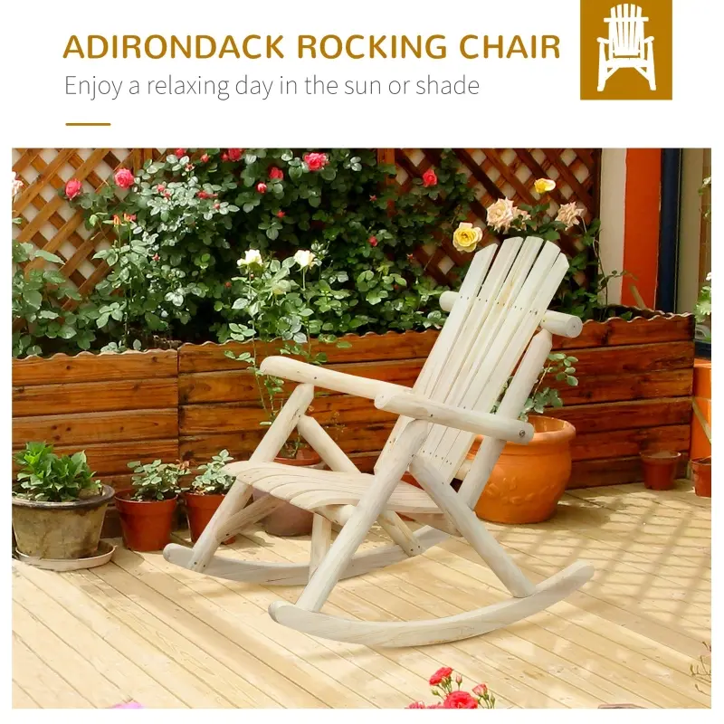 Outsunny 2 Piece Wooden Adirondack Porch Rocking Chair Set, Rustic Slatted Log Rockers for Indoor Outdoor Patio & Lawn, Unpainted, Natural