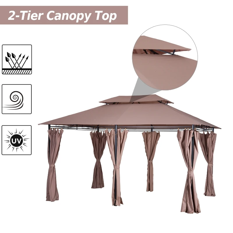 Outsunny 10" x 13" 2-Tier Steel Outdoor Garden BBQ Sunshade Gazebo with Vented Soft Top and Removable Curtains