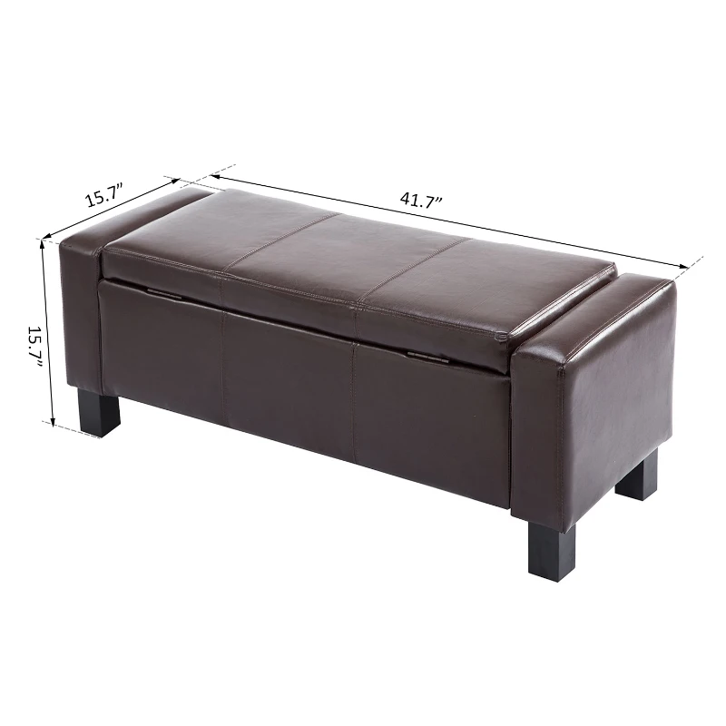 HOMCOM 42” Faux Leather Storage Ottoman Bench Organizer Chest Rectangular Footstool with Hinged Lid - Rich Coffee Brown